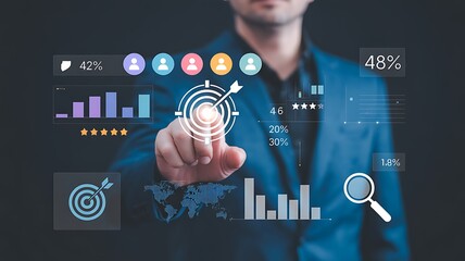 Businessman pointing at digital display with business analytics data charts