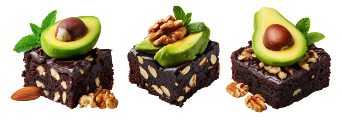 Chocolate brownie with avocado slices, pecans, chopped nuts, and mint leaf on white transparent background