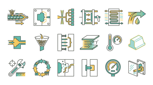 Modern engineering icons showcase plastic molding process, ideal for industrial design explainers and manufacturing visuals about modern injection techniques with automation