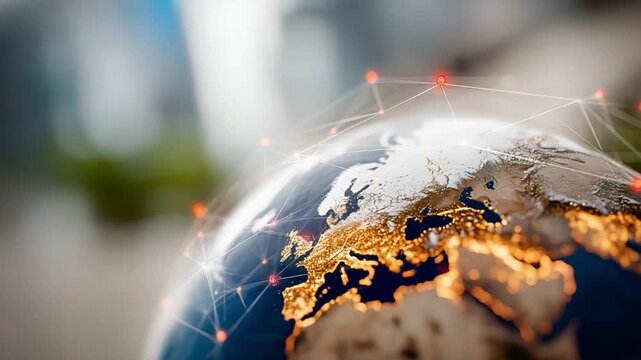 Global Connectivity: An artistic representation of the Earth, adorned with a network of glowing lines, symbolizing global connections and the flow of information across continents.
