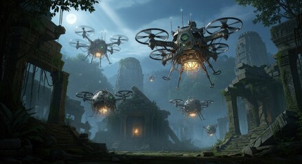 Futuristic Drones Hovering Over Ancient Ruins in a Misty Landscape.
