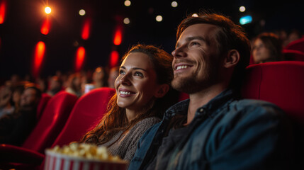 Happy couple enjoying a movie together in a cinema, smiling and relaxed during a cozy date night, sharing laughter, popcorn, and quality time.