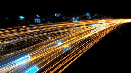 Dynamic network of connections illuminated by light trails in a dark setting, network of connections with icons over light trails on black background - Powered by Adobe