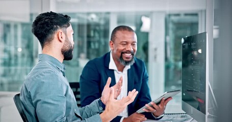 Business, men or computer with trading advice for market shift, explain stock price or data analysis. Trader dashboard, teamwork or graph screen in office for portfolio growth, economy news or update - Powered by Adobe