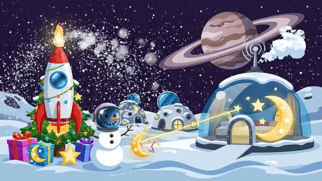 Animated space christmas scene with snowman rocket and planetary holiday decorations loop background