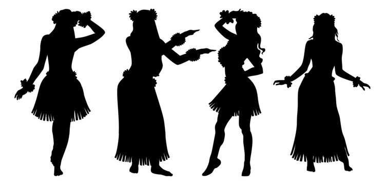 Flat design hawaiian girl silhouette. Hawaiian hula girl dancer action silhouette
