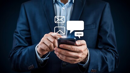 Person holding smartphone with email and chat icons overlay mobile communication