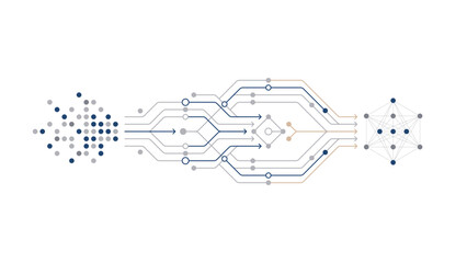 Abstract visualization of data transformation process, showing raw input dots flowing through complex network into structured neural network machine learning model