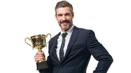 Businessman holding a cup while standing in a modern setting with confident professional expression and relaxed posture, isolated on white background