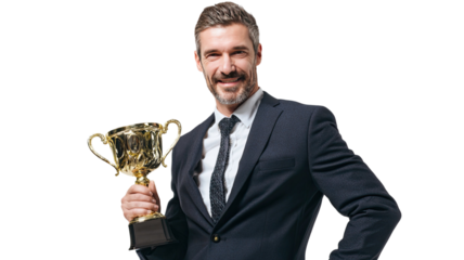 Businessman holding a cup while standing in a modern setting with confident professional expression and relaxed posture, isolated on white background

