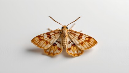A close up of an insect, specifically a butterfly with intricate patterns on its wings. The butterfly is positioned against a white background, highlighting its delicate structure and vibrant colors.