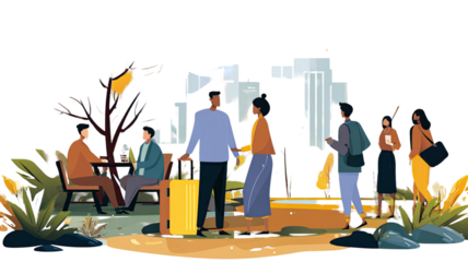 Confident businessman walking through modern city streets surrounded by tall buildings and urban energy, isolated on white background