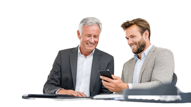 Businessman and businesswoman collaborating on shared tasks with focused teamwork in a modern professional setting, isolated on white background