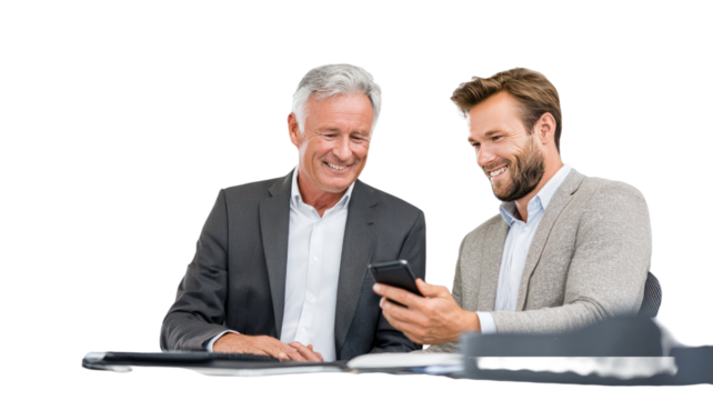 Businessman and businesswoman collaborating on shared tasks with focused teamwork in a modern professional setting, isolated on white background