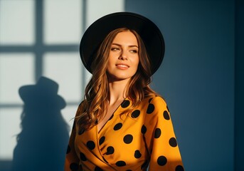 Elegant woman in yellow wrap dress with black polka dots and hat in golden window light