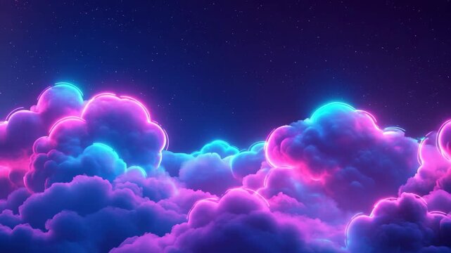 Abstract blue and purple neon clouds create a vibrant tech atmosphere at night, Blue and purple neon clouds abstract tech motion background