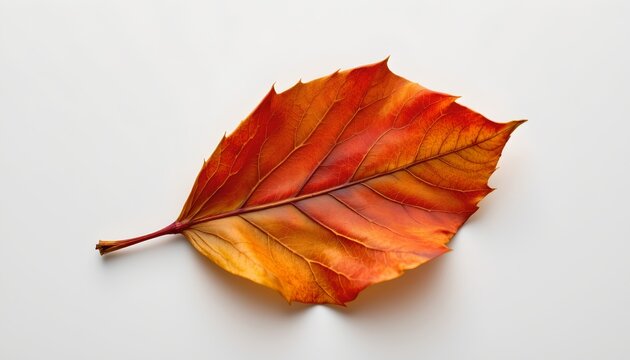 The image is of an autumnal leaf that has fallen from a tree. It's a single, vivid leaf with a mix of red and orange hues indicative of the fall season