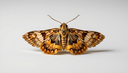 A vivid scene of nature's beauty. A moth with striking orange and black markings has settled on a pristine white background