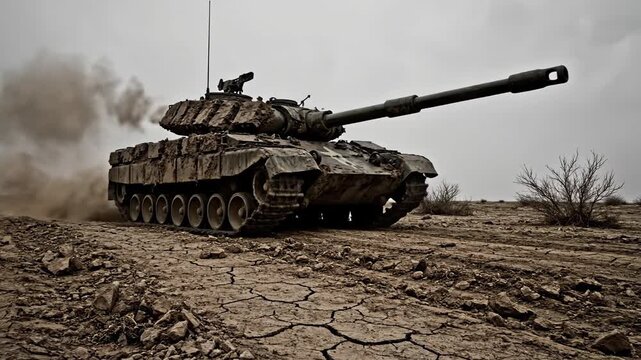 Heavily armored tracked vehicle moving across arid, cracked terrain