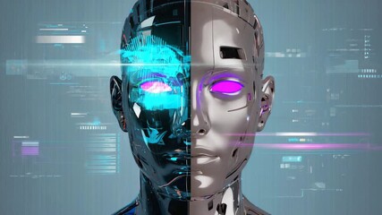 Futuristic robot head split revealing glowing blue A I brain and purple glowing eyes with digital - Powered by Adobe