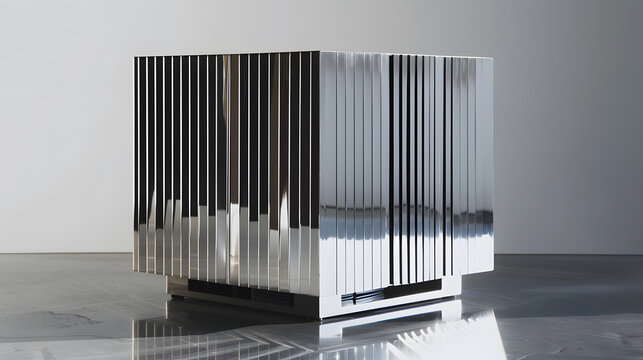 Stunning modern silver cube sculpture with reflective surfaces, perfect for adding a contemporary artistic touch to any space or design project