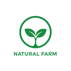 Green sprout logo inside a circle for natural farm branding.