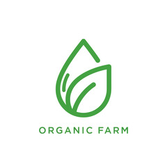 Minimalist Organic Farm Logo Featuring a Green Leaf Inside a Water Drop.