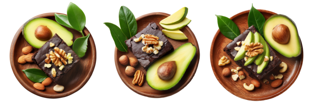 Rich chocolate brownie slice with avocado, walnuts, mint leaves and almond toppings on wooden round plate isolated on white