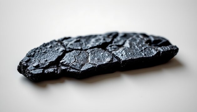 An object resembling a piece of coal resting atop a white surface.