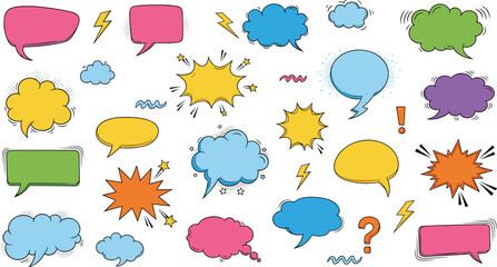Comic speech bubbles, colorful thought icons, expressive symbols, dynamic elements, cartoon punctuation, pop art style, flat vector illustration