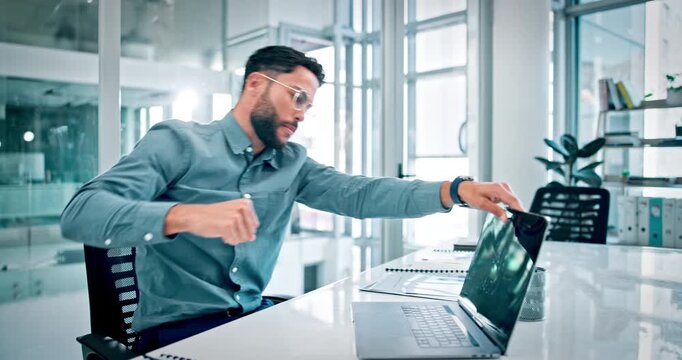 Angry, punch and business man with laptop frustrated for mistake, network glitch and error. Corporate, stress and person with tantrum, rage and smash computer for failure, crisis and online crash
