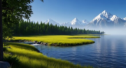 Serene Mountain Lake Landscape Snow-Capped Peaks, Green Forest, Blue Sky, Nature