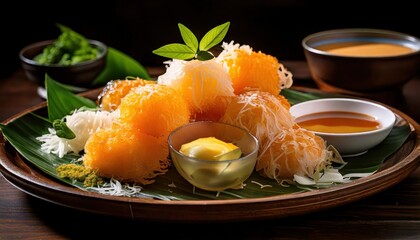 Exquisite platter of traditional Thai dessert featuring sweet delicacies with vibrant colors and intricate textures on a wooden background