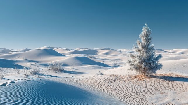 A solitary snow-laden tree stands resilient on a frozen dune under a soft blue sky, with undulating snow-covered sand stretching to the horizon in this serene desert winter landscape