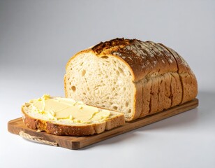 Freshly Baked Sliced Bread with Butter on Wooden Cutting Board Placed Against Neutral Background