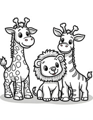 Cute cartoon lion with two friendly giraffes, black and white illustration