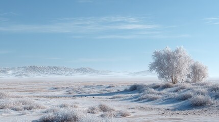 Snow-blanketed desert expanse with frosted trees and shrubs under a clear light blue sky, creating a minimalist composition of natural forms in the quiet winter landscape