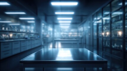Fototapeta premium A modern laboratory setting with a polished table and bright fluorescent lights.