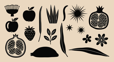 A curated collection of black silhouette icons featuring fruits, flowers, and leaves for modern graphic design projects