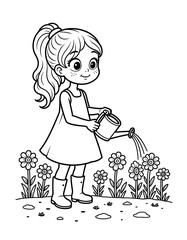 Obraz premium Young girl watering flowers in a garden, black and white illustration