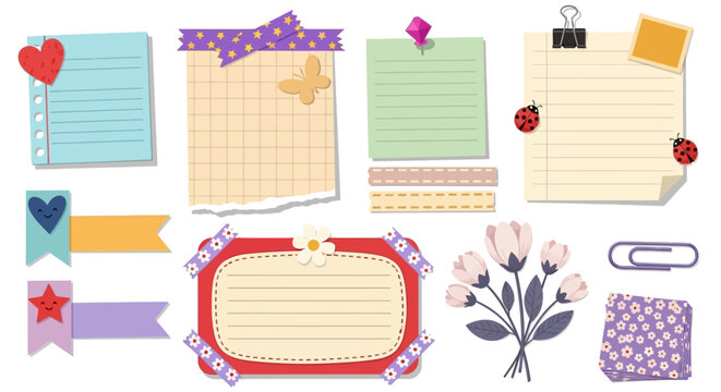 A charming vector collection of scrapbooking elements featuring paper notes, washi tape, stickers, and floral decorations for journaling