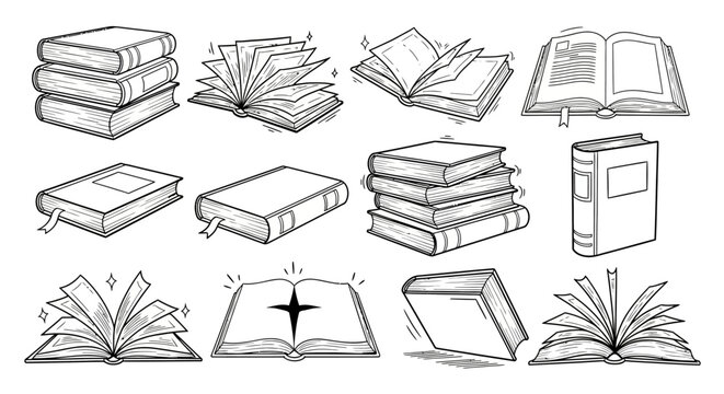 A collection of hand-drawn book illustrations in various states, including open, closed, and stacked, created in a doodle sketch style