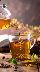 Warm Herbal Tea Being Poured from Glass Teapot into Clear Cup Surrounded by Fresh Ingredients and Cozy Atmosphere