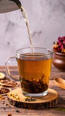 Freshly Brewed Herbal Tea with Loose Leaves in a Glass Cup on Rustic Wooden Background with Dried Ingredients
