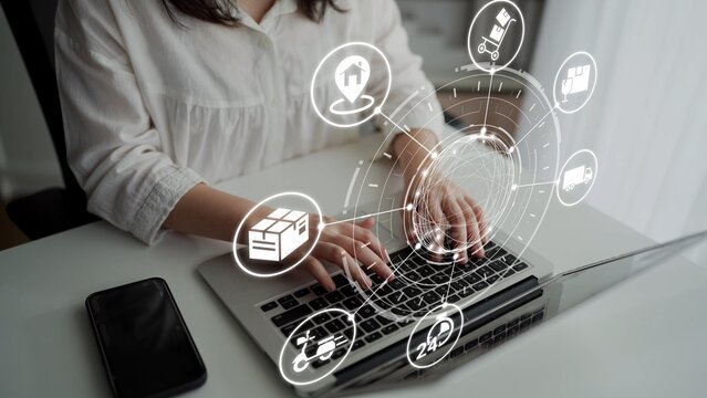 Goods delivery tracking icons show shipping, goods delivery routes, and loFunnelics monitoring. Goods delivery tracking ensures timely goods delivery, secure handling, and accurate tracking. Funnel
