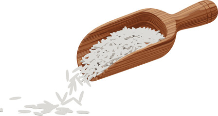 Wooden scoop with white rice grains, kitchen utensil, food ingredient, cooking concept, rustic style, flat vector illustration