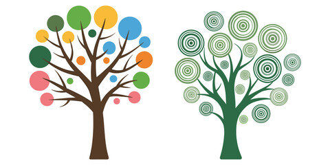 Obraz premium Two abstract trees, one with colorful circles and one with green concentric circles stylized graphic