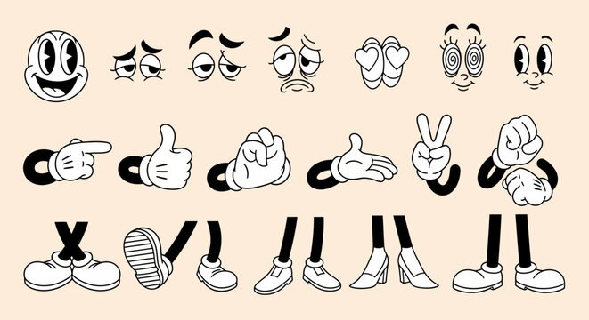 A complete set of vintage cartoon character parts including face, hands, and legs for creating unique mascots