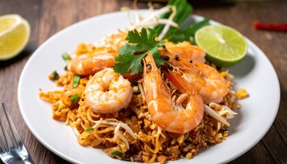 Delicious stir-fried shrimp with noodles, fresh vegetables, and lime on a stylish plate for culinary presentation