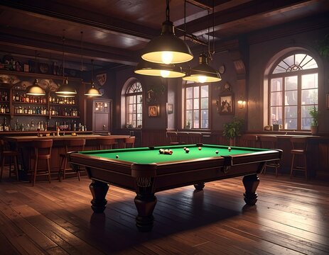 Cozy pub interior with a pool table, bar, and large windows